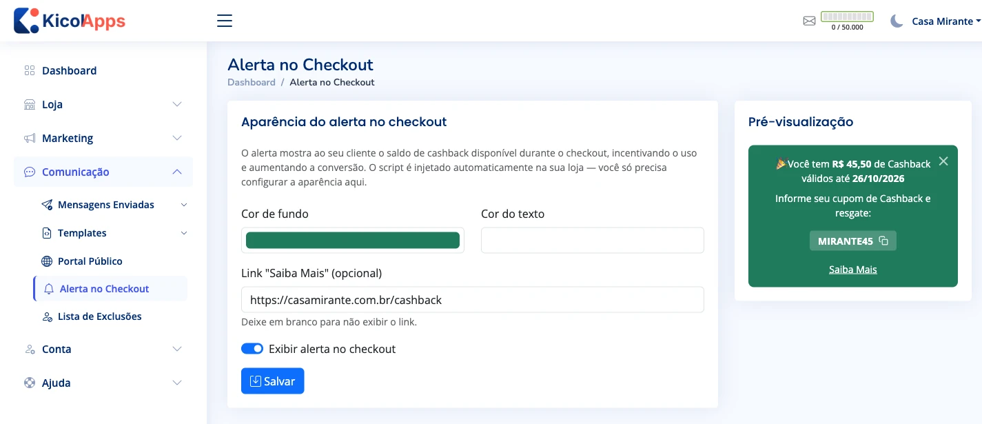 Configuração do alerta de checkout, com prévia do aviso que o comprador vê: saldo, validade e cupom com botão de copiar