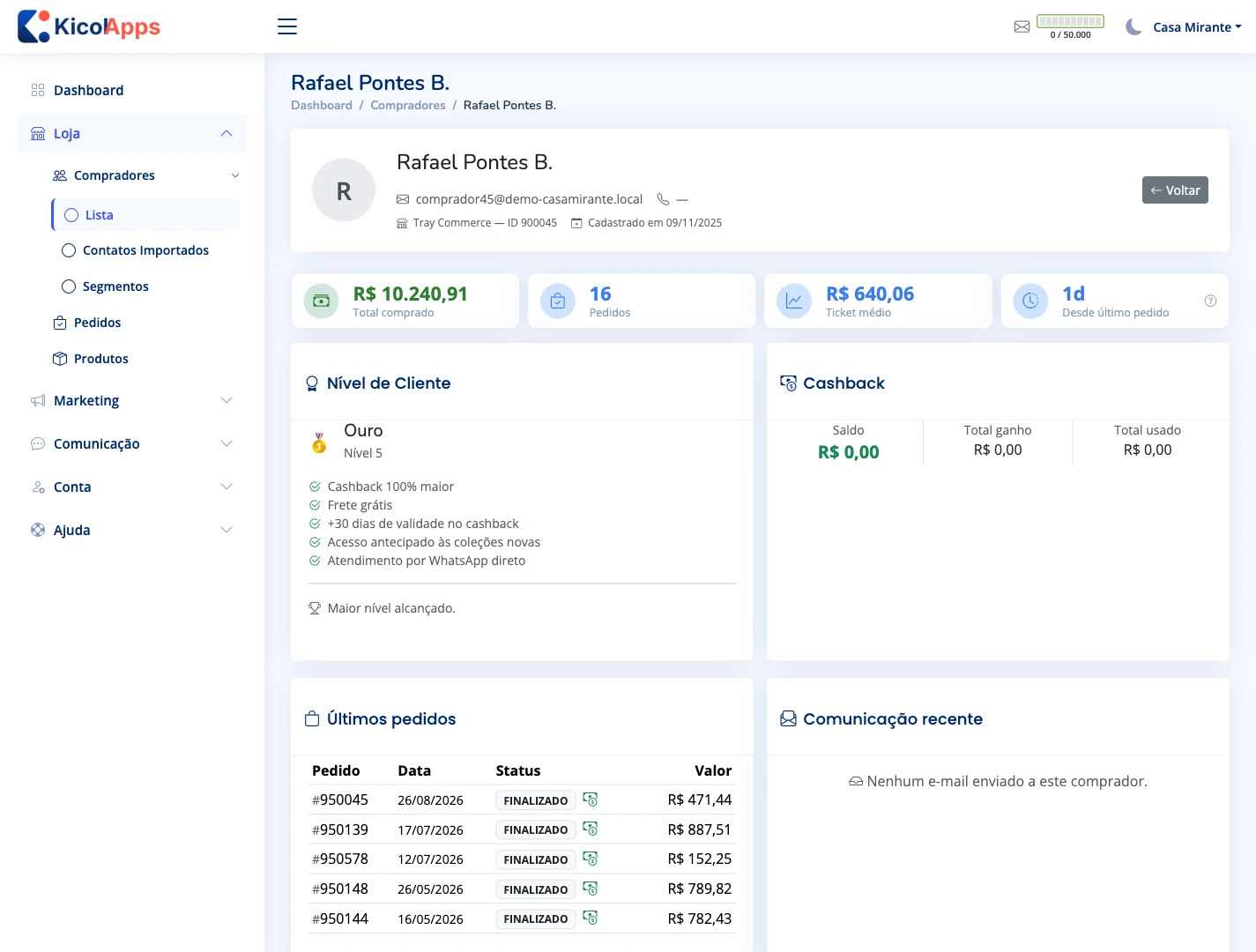 Ficha de um comprador: total gasto, pedidos, ticket médio, nível Ouro com benefícios, saldo de cashback, últimos pedidos e histórico de comunicação