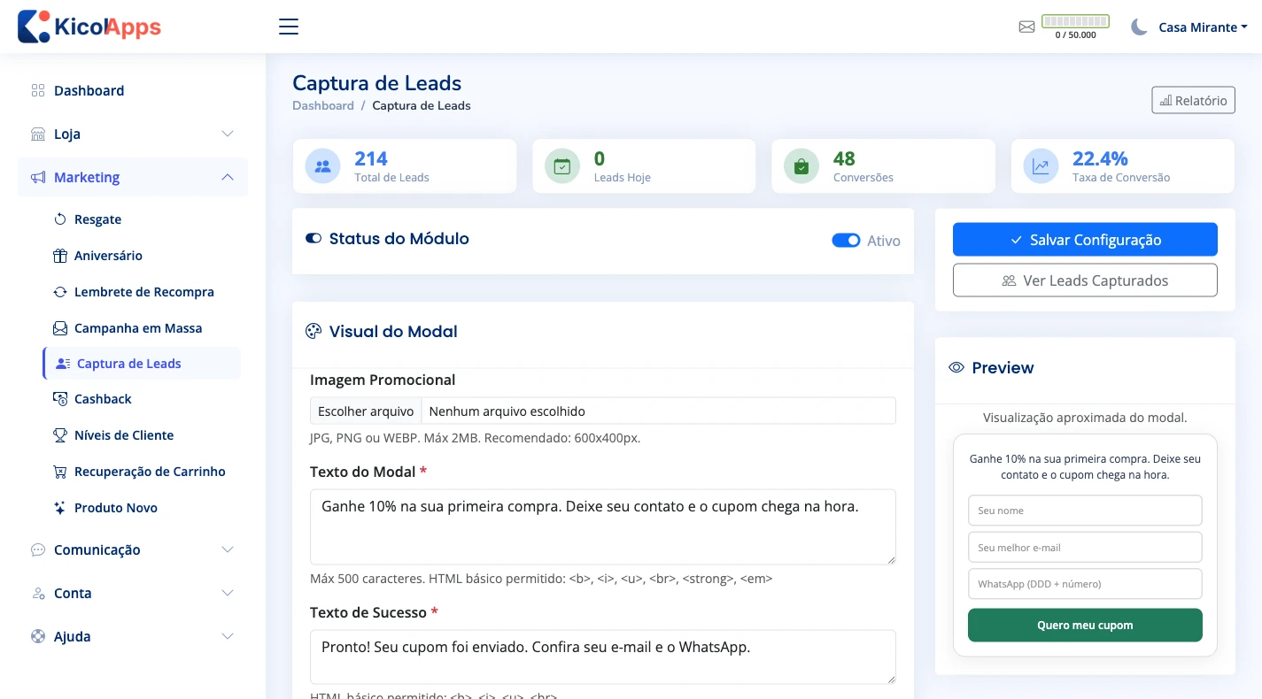 Tela de configuração do modal, com textos, cores, campos do formulário e uma prévia ao vivo do que o visitante vê