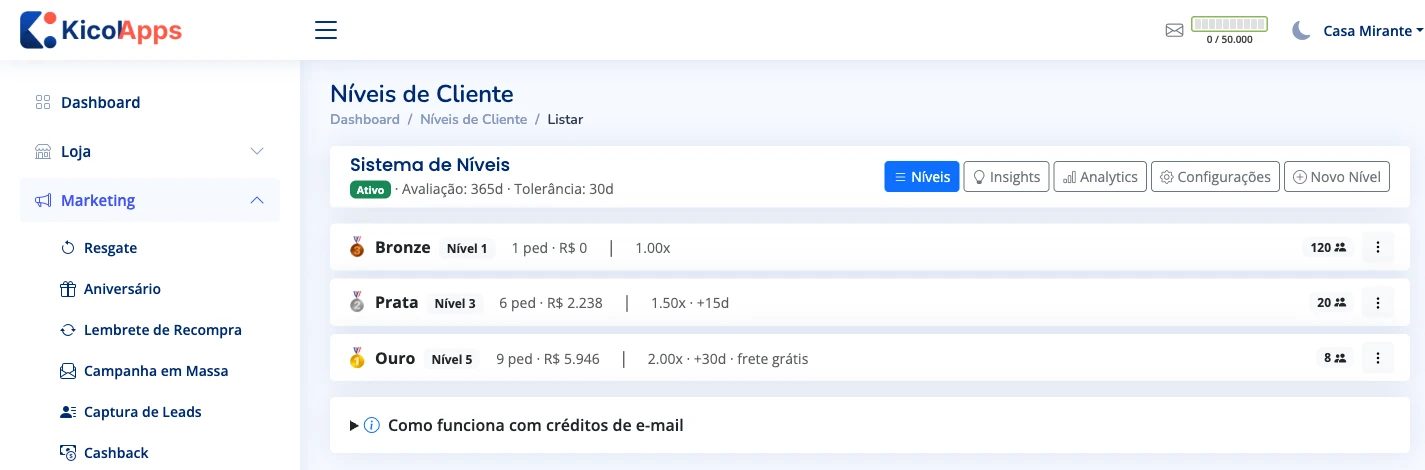 Três níveis configurados no painel: Bronze, Prata e Ouro, cada um com critério de entrada, multiplicador de cashback e quantos compradores estão nele
